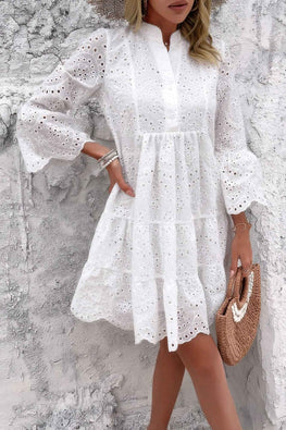 V Neck Button Flared Sleeves Hollow Out Lace Dress