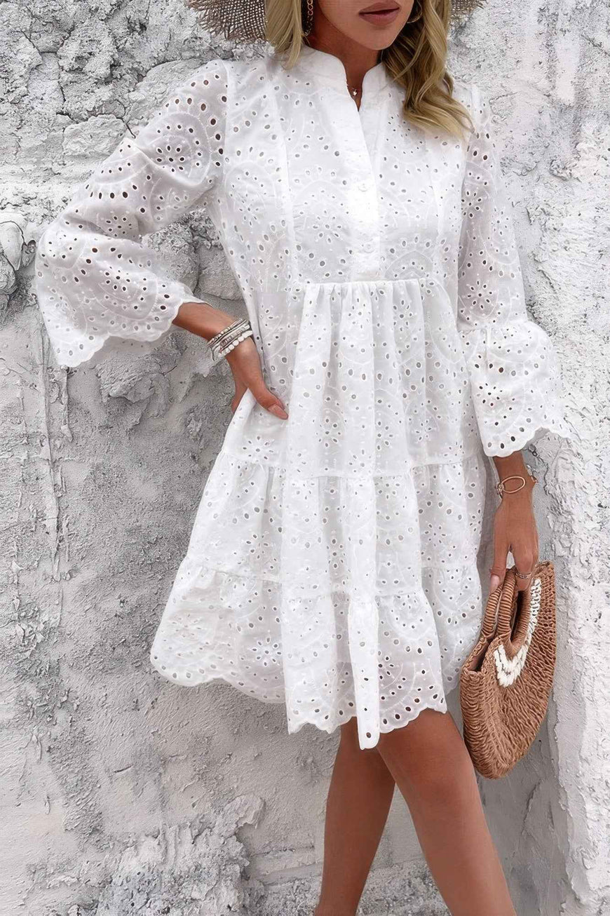 V Neck Button Flared Sleeves Hollow Out Lace Dress