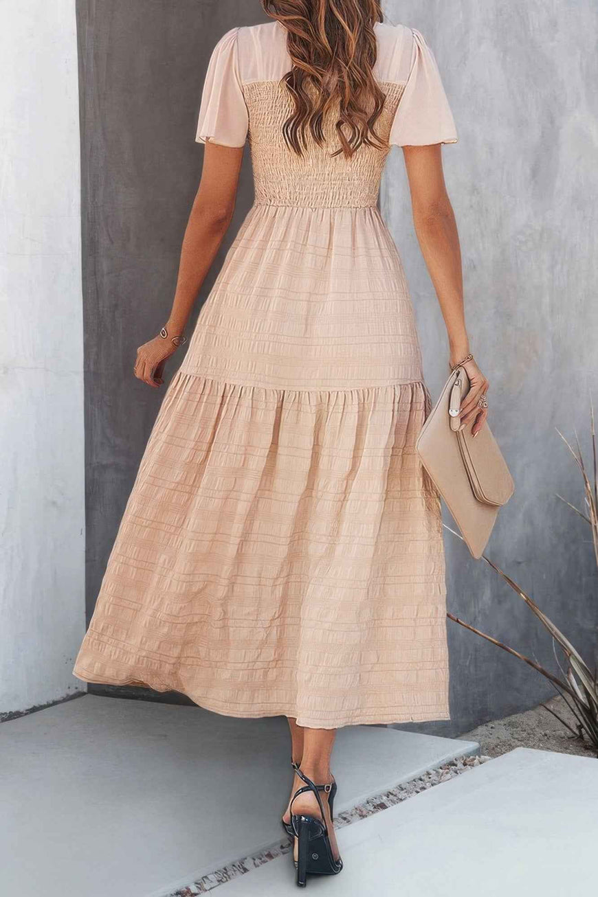 Ruffle Sleeve And Hem Top Shirred Crew Neck Dress