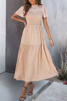 Ruffle Sleeve And Hem Top Shirred Crew Neck Dress