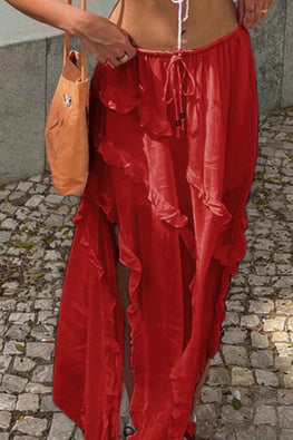 Solid Ruffle Drawstring Waist Asymmetry Hem Skirt