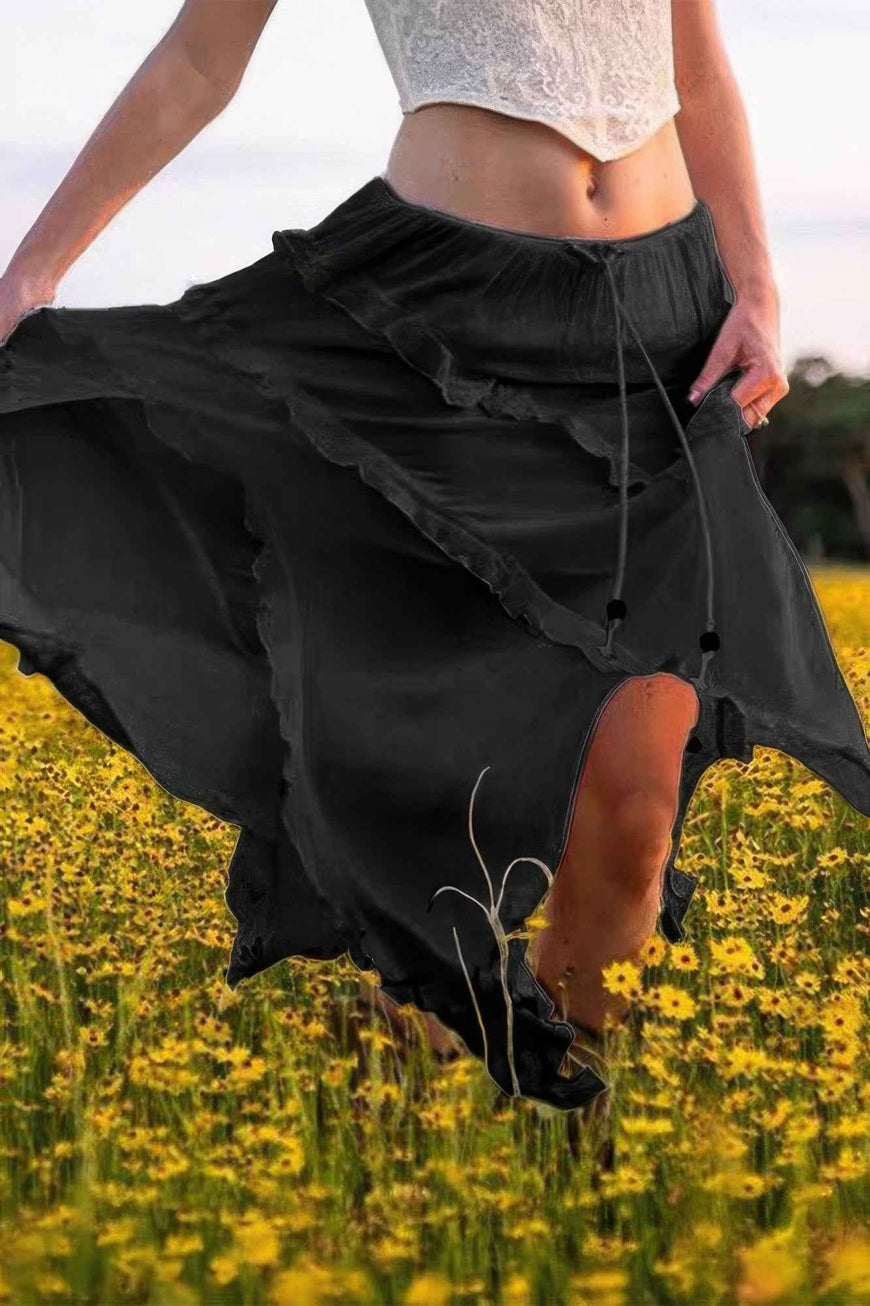 Solid Ruffle Drawstring Waist Asymmetry Hem Skirt