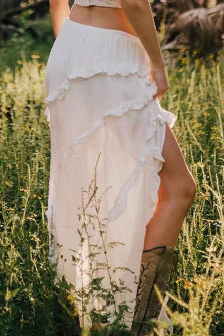 Solid Ruffle Drawstring Waist Asymmetry Hem Skirt