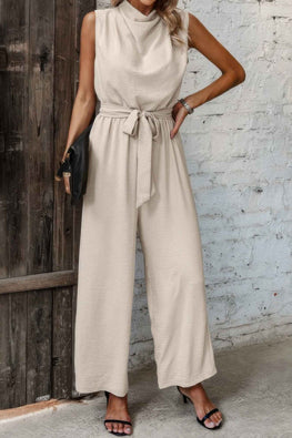 Solid Sleeveless Cut Out Back Belted Jumpsuit