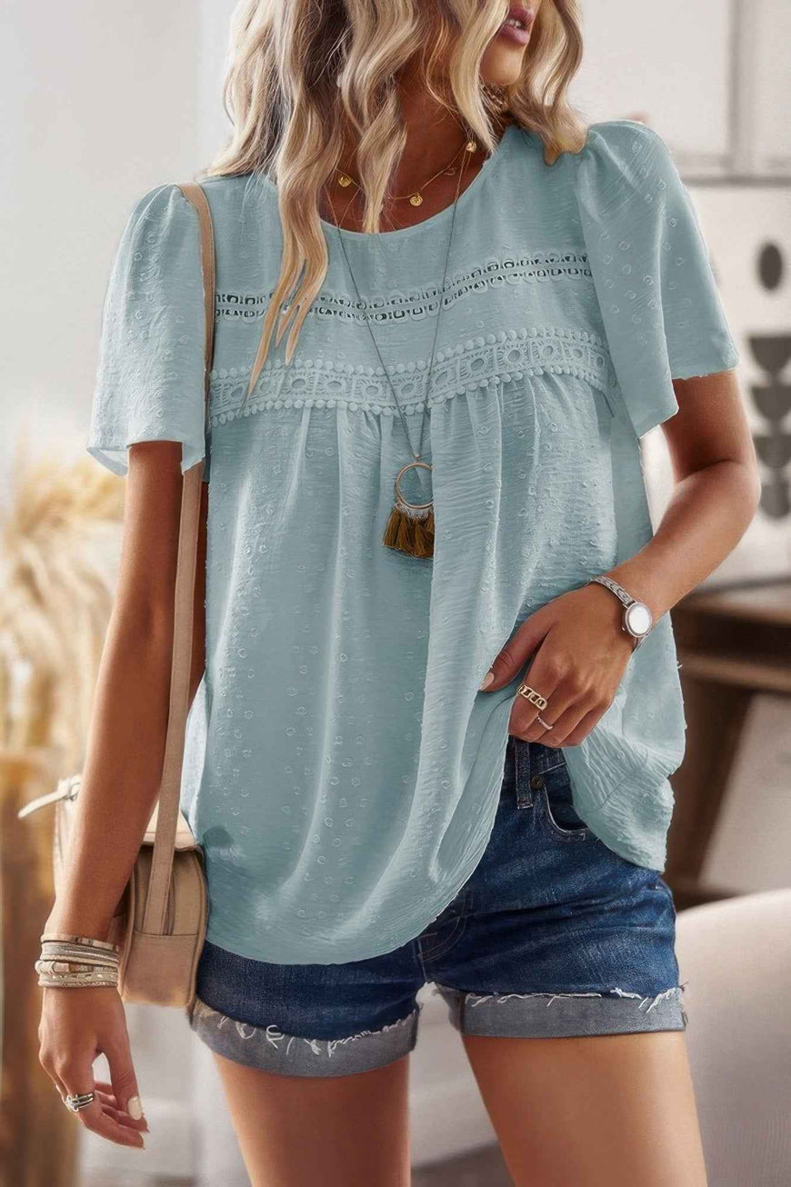 Plus Dot Cut Out Lace Trim Loose Fit Top