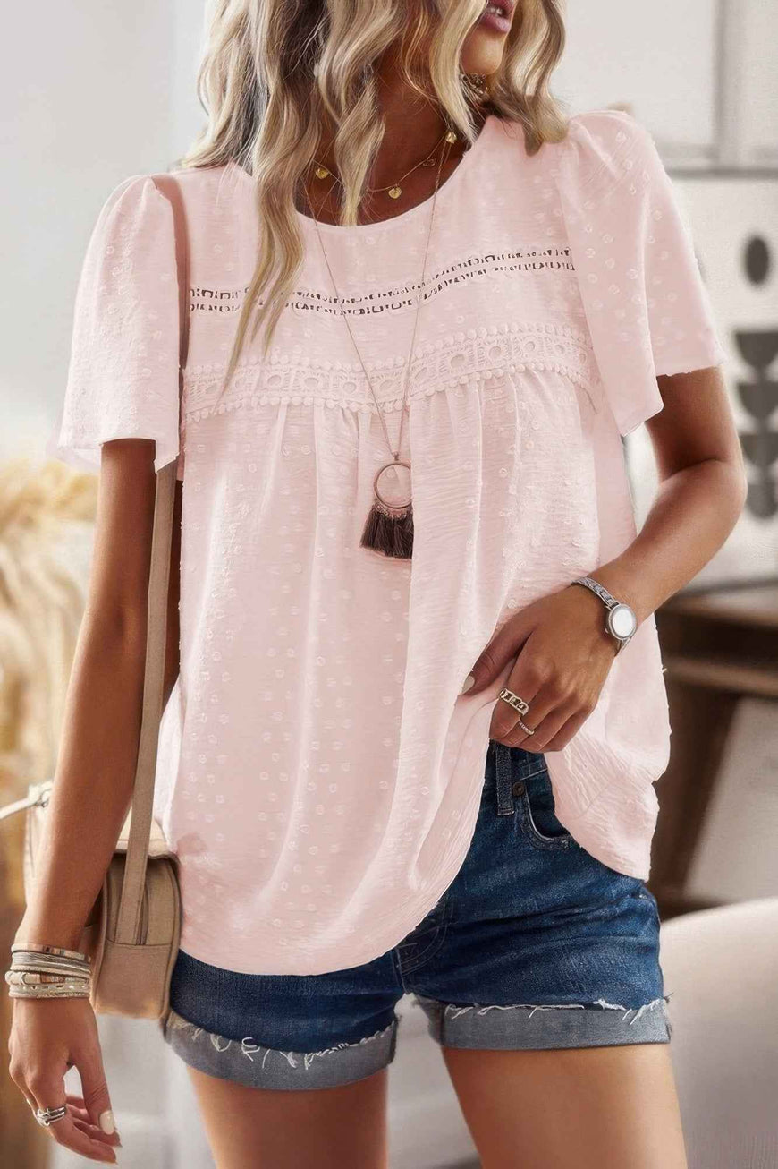 Plus Dot Cut Out Lace Trim Loose Fit Top