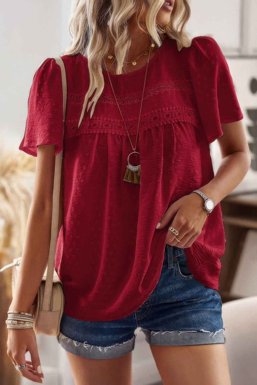 Plus Dot Cut Out Lace Trim Loose Fit Top