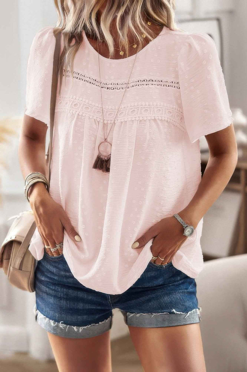 Plus Dot Cut Out Lace Trim Loose Fit Top