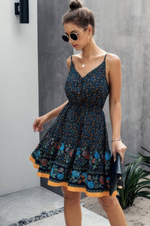 V Neck Floral Printed Mini Dress