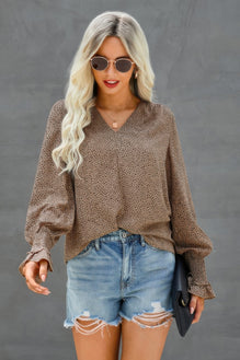 Dot V Neck Loose Fit Ruffle Long Sleeves Blouse