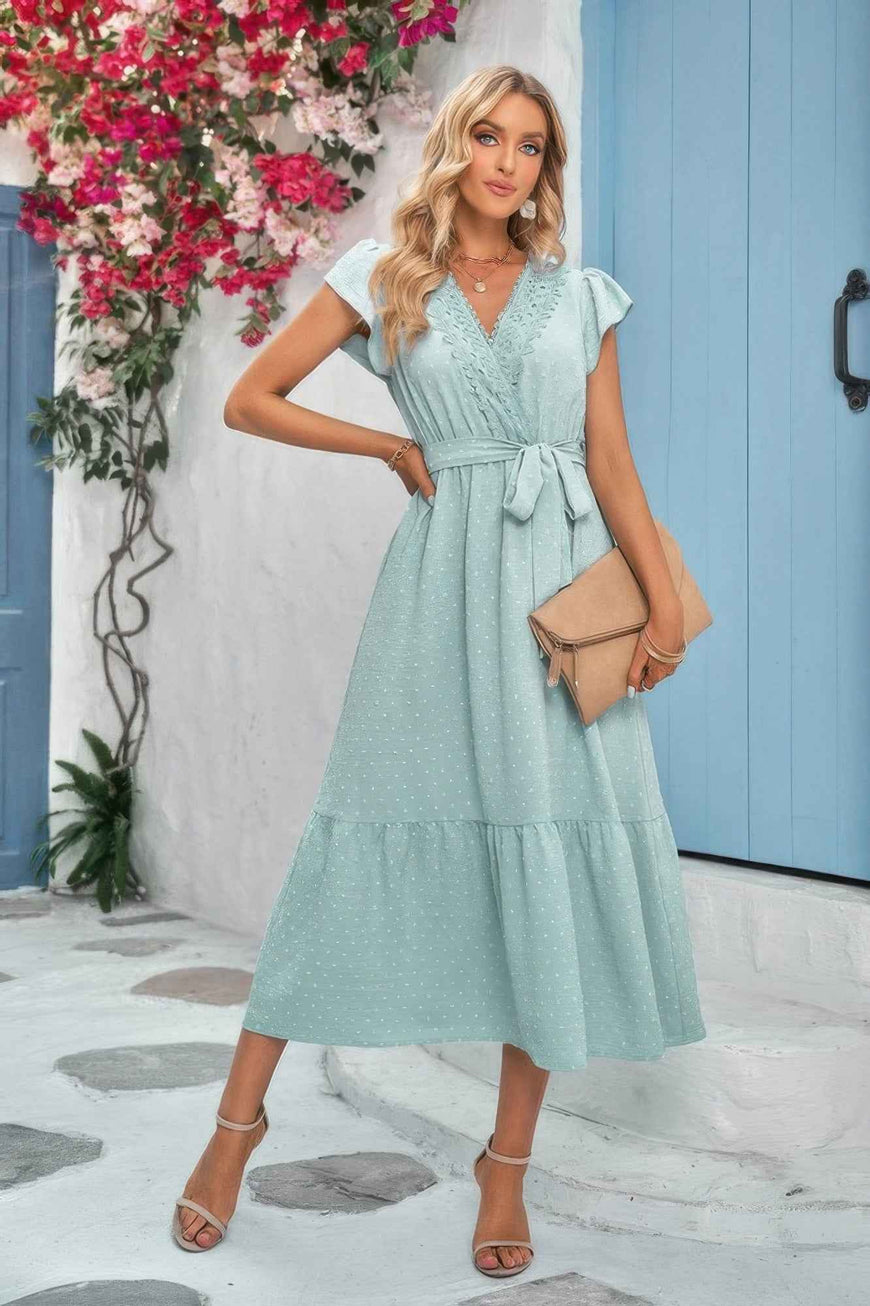 Solid Deep V Dot Lace Belt Long Dress