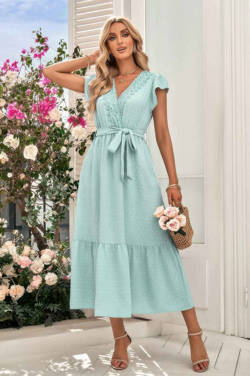 Solid Deep V Dot Lace Belt Long Dress
