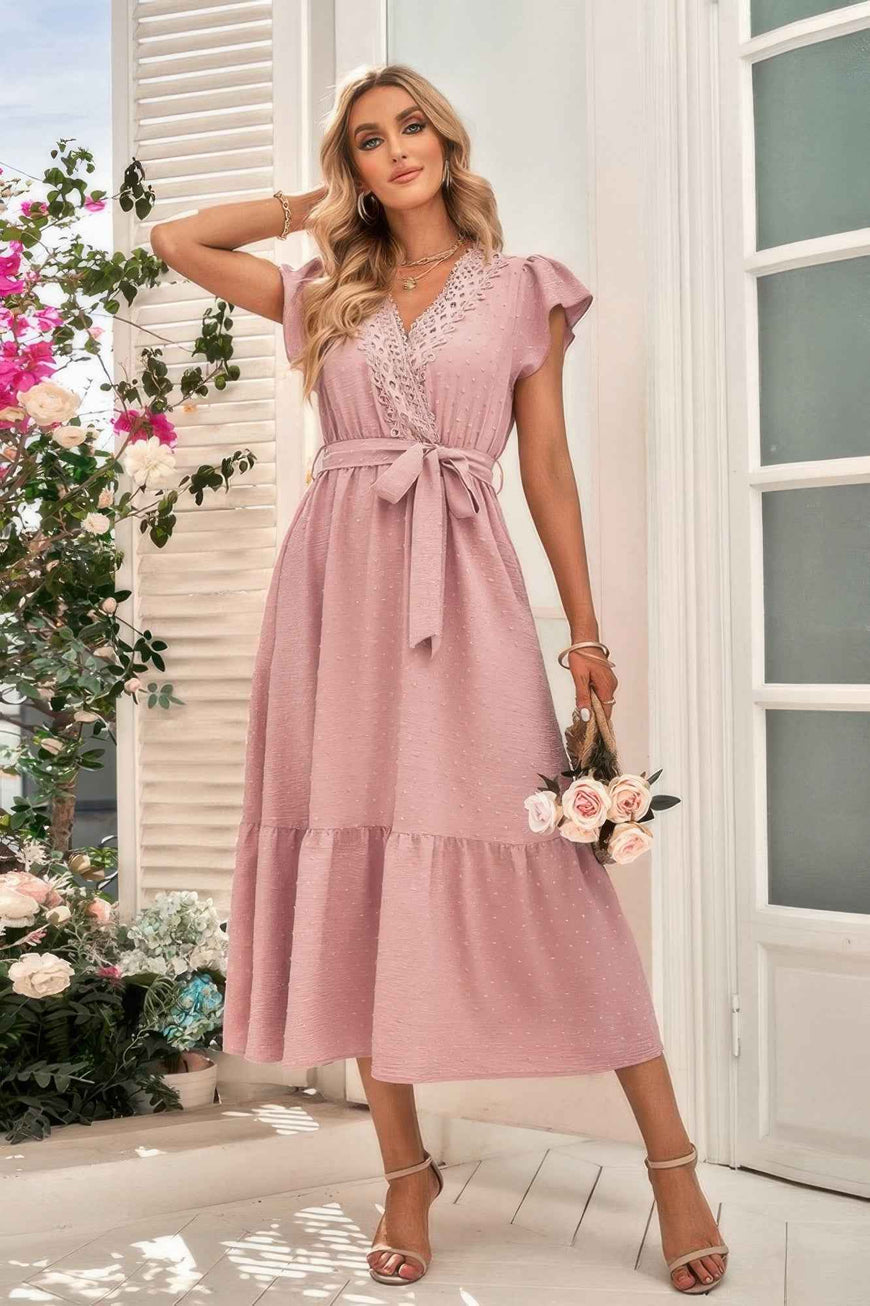 Solid Deep V Dot Lace Belt Long Dress