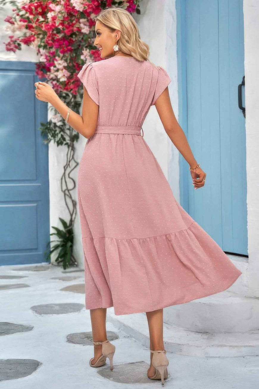 Solid Deep V Dot Lace Belt Long Dress