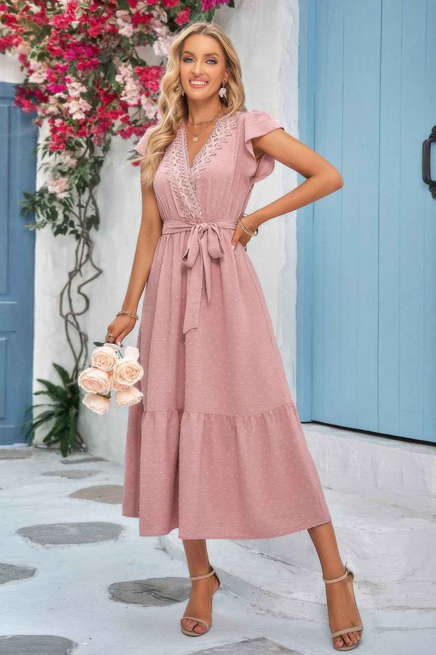 Solid Deep V Dot Lace Belt Long Dress