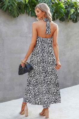 Halter Neck Cutout Leopard Maxi Dress