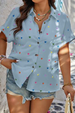 Plus Size Hearts Print Button Down Loose Blouse