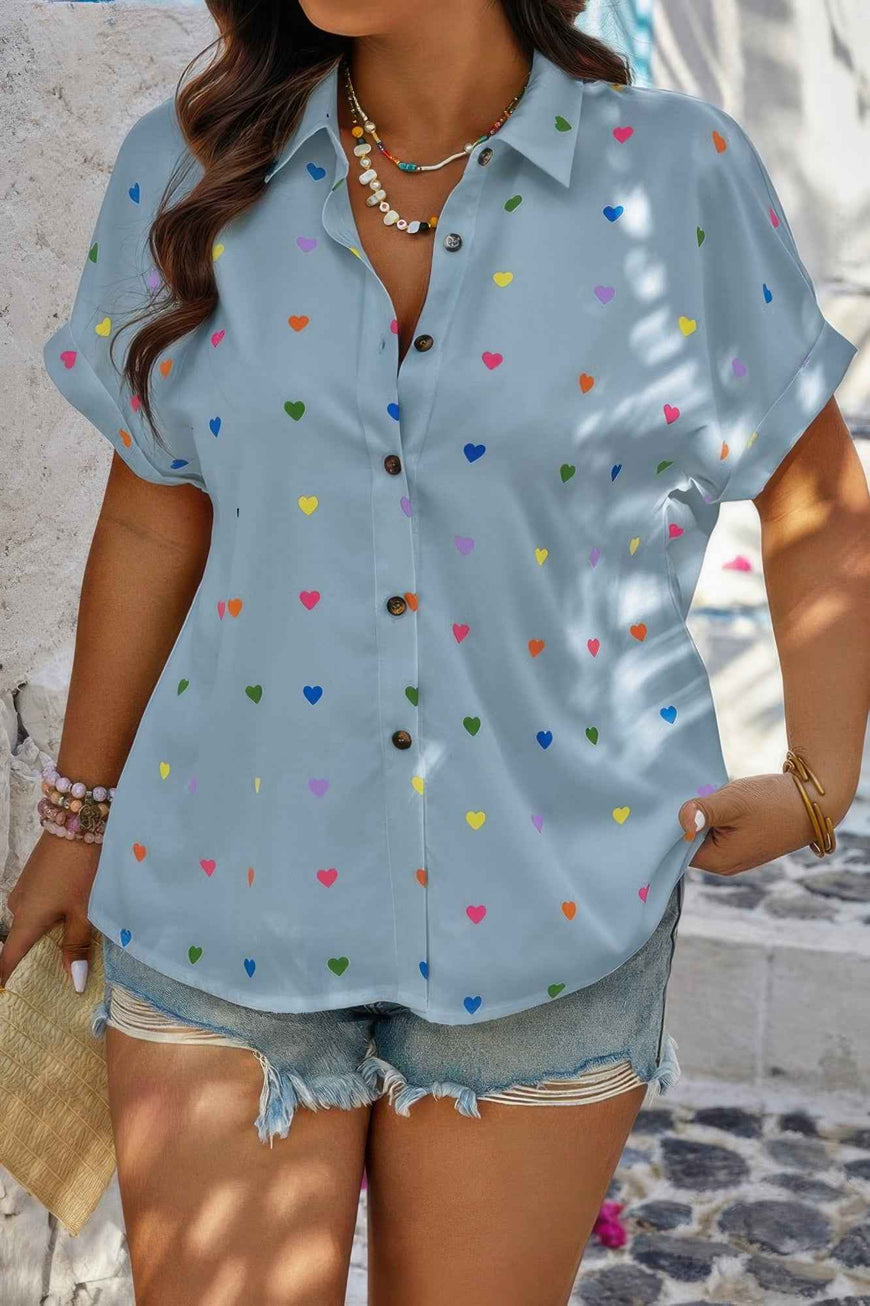 Plus Size Hearts Print Button Down Loose Blouse