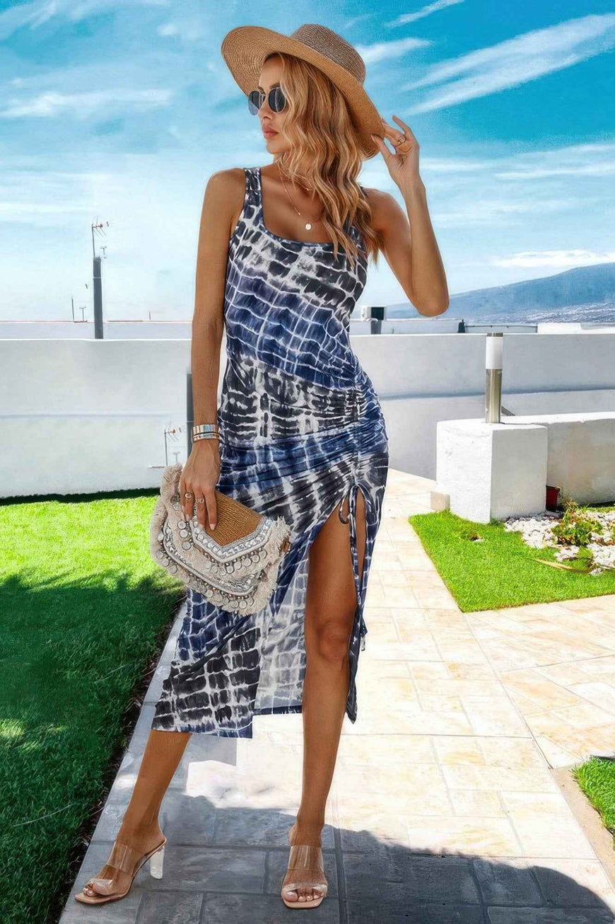 Ruched Allover Print Drawstring Split Thigh Dress