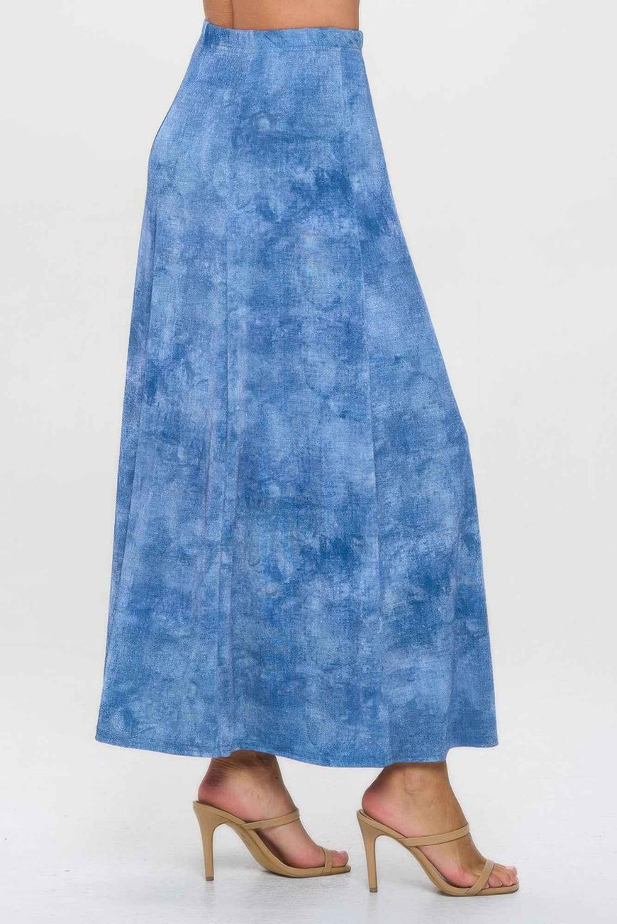 Elastic Waistband Denim Print Long Flared Skirt