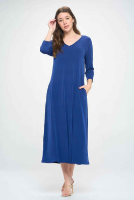 Hit V-neck Long Dress W/pocket