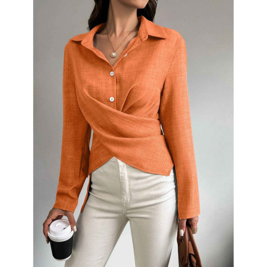 Solid Crossed Button Long Sleeve Blouse