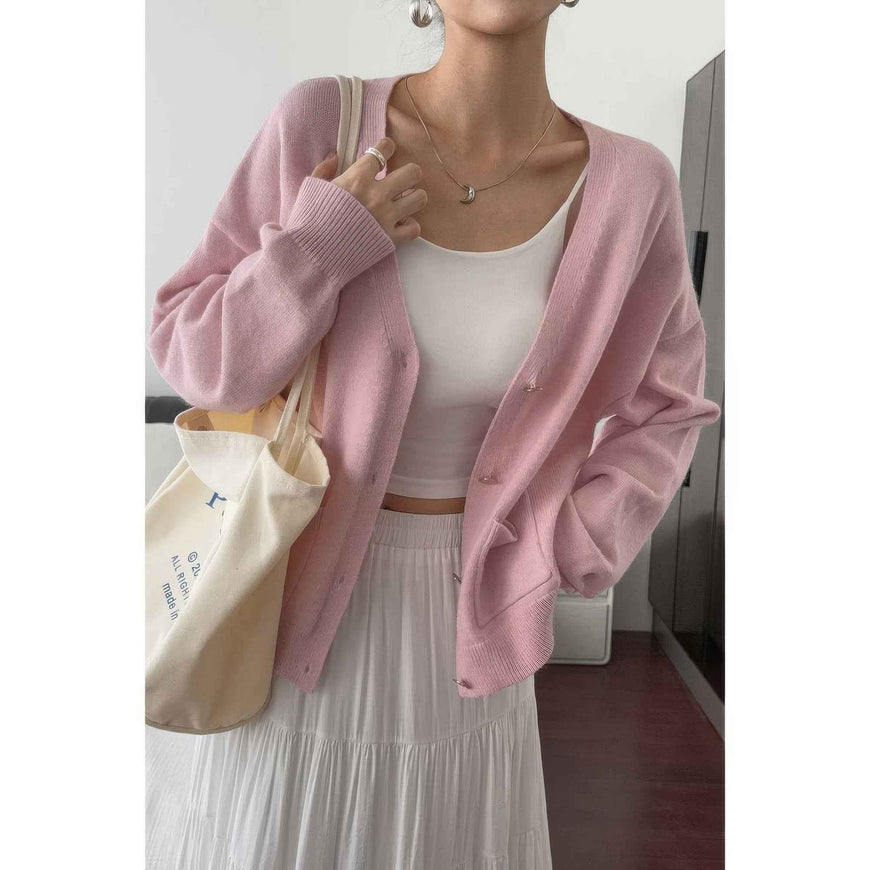 Solid Knit Button Down Pocket Loose Sweater