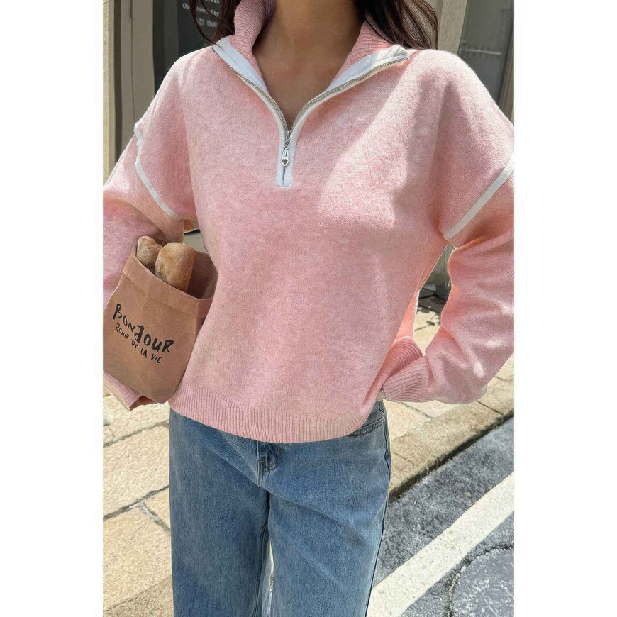 Zip Up V Neck Lapel Collar Loose Sweatshirt