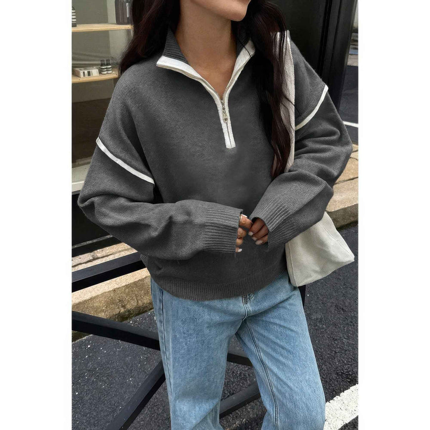 Zip Up V Neck Lapel Collar Loose Sweatshirt
