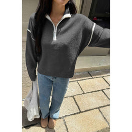 Zip Up V Neck Lapel Collar Loose Sweatshirt