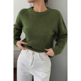 Solid Round Neck Long Sleeve Drop Shoulder Sweater