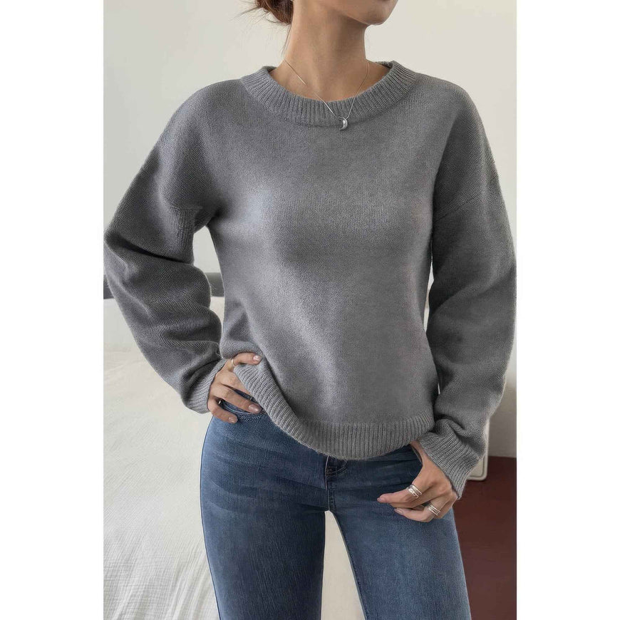 Solid Round Neck Long Sleeve Drop Shoulder Sweater