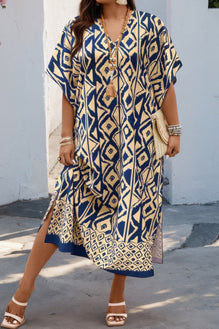 Plus Size All Over Print V Neck Split Dress