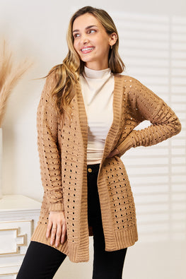 Woven Right Openwork Horizontal Ribbing Open Front Cardigan - TopFashionHQ