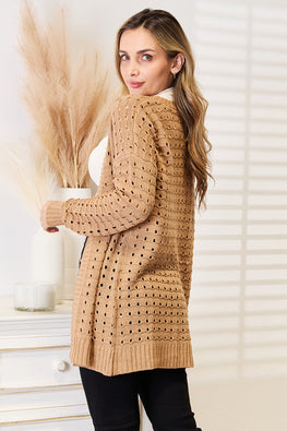 Woven Right Openwork Horizontal Ribbing Open Front Cardigan - TopFashionHQ