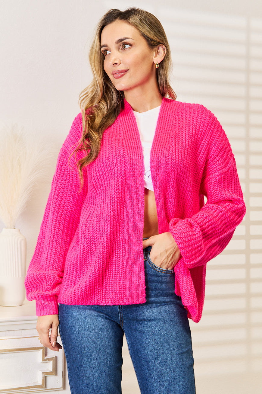 Woven Right Rib-Knit Open Front Drop Shoulder Cardigan - TopFashionHQ