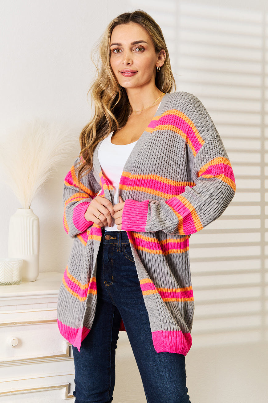 Woven Right Ribbed Long Sleeve Cardigan - TopFashionHQ