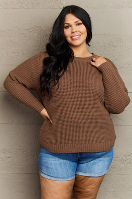 Zenana Breezy Days Plus Size High Low Waffle Knit Sweater - TopFashionHQ