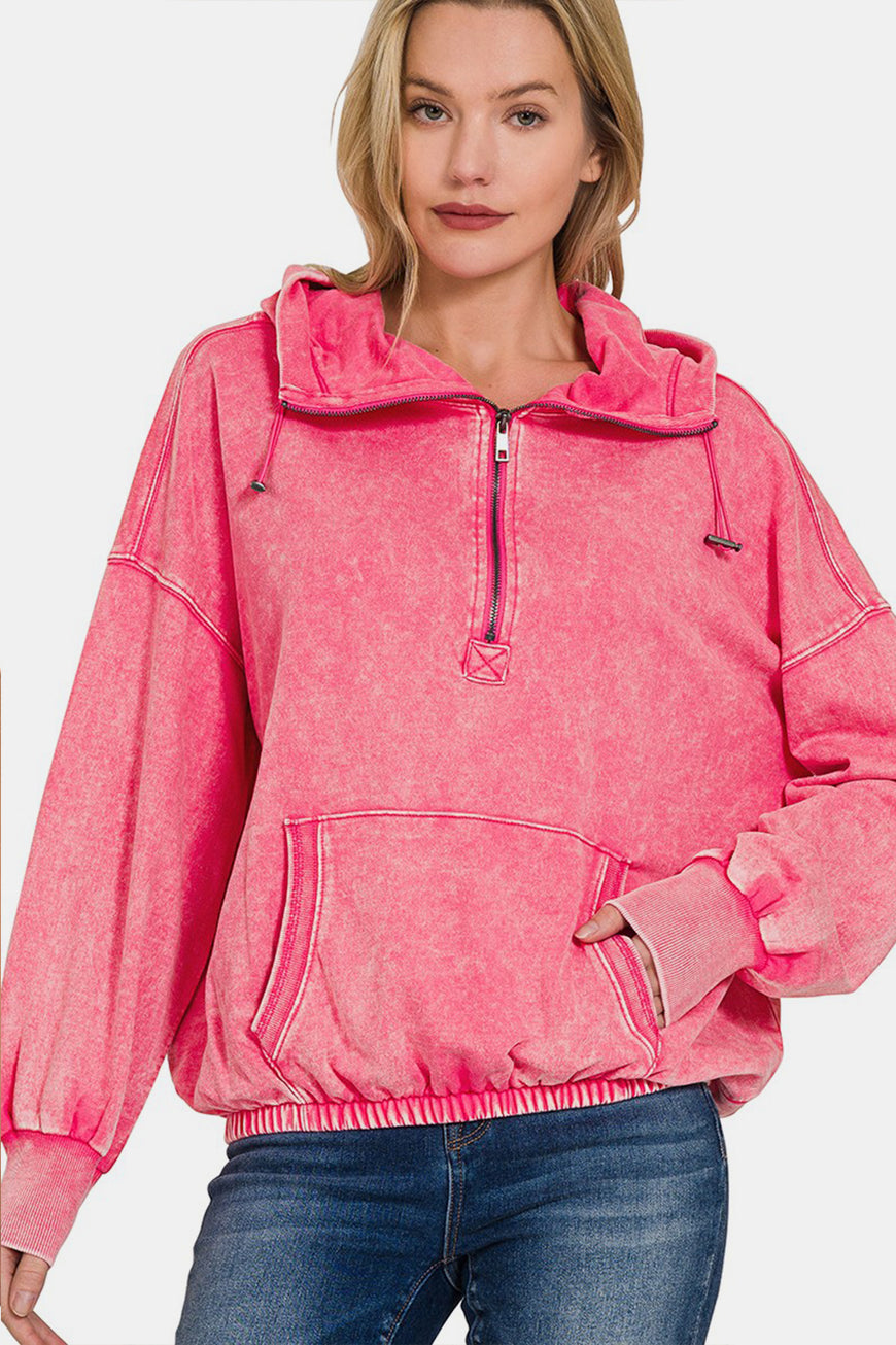 Zenana Drawstring Half Zip Dropped Shoulder Hoodie - TopFashionHQ