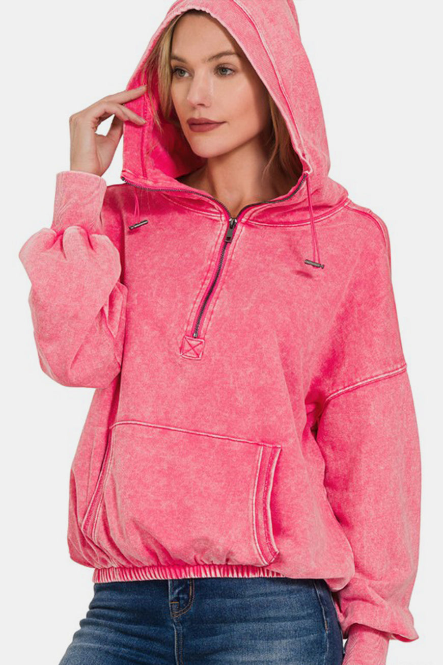 Zenana Drawstring Half Zip Dropped Shoulder Hoodie - TopFashionHQ