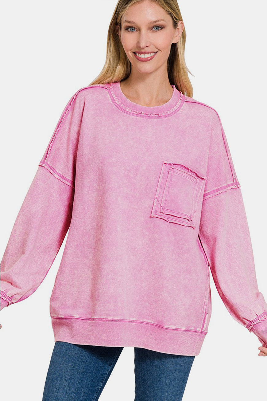 Zenana Exposed Seam Round Neck Dropped Shoulder Sweatshirt - TopFashionHQ