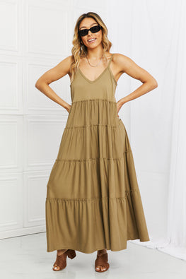 Zenana Full Size Spaghetti Strap Tiered Dress with Pockets in Khaki - TopFashionHQ