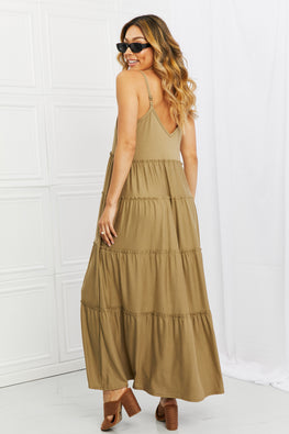 Zenana Full Size Spaghetti Strap Tiered Dress with Pockets in Khaki - TopFashionHQ