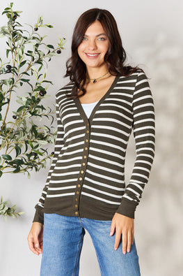 Zenana Full Size Striped Snap Down Cardigan - TopFashionHQ