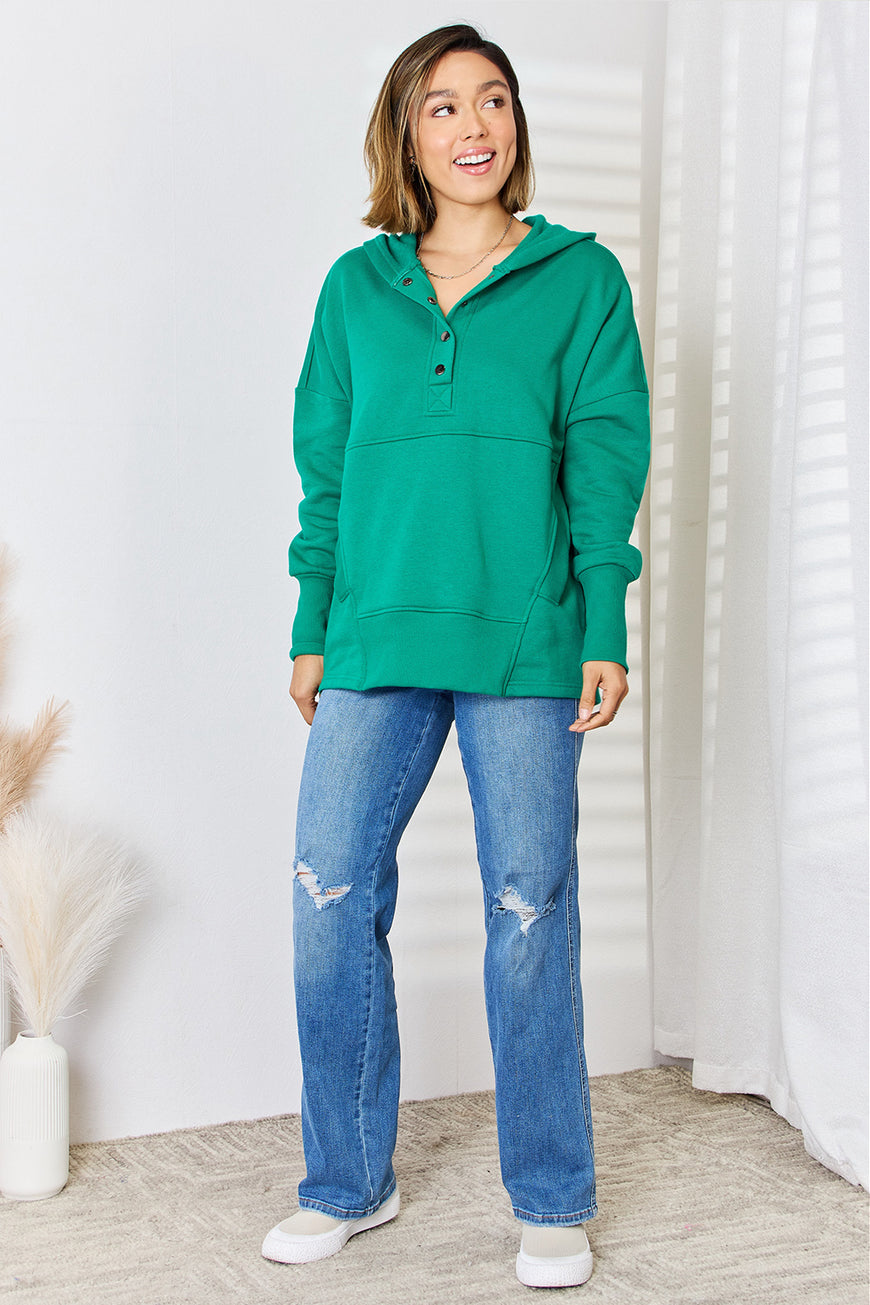 Zenana Half Snap Long Sleeve Hoodie - TopFashionHQ