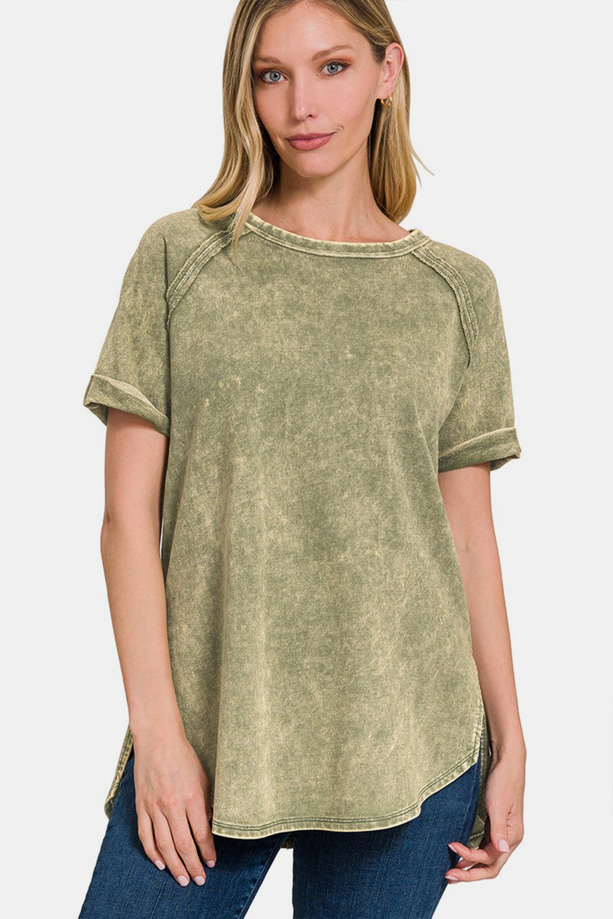 Zenana Heathered Round Neck Short Sleeve Blouse - TopFashionHQ