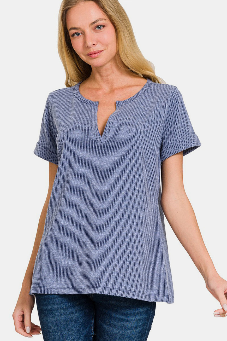 Zenana Notched Short Sleeve Waffle T-Shirt - TopFashionHQ