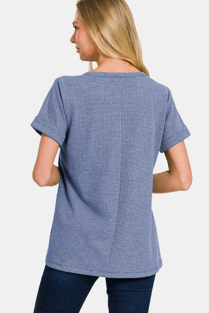 Zenana Notched Short Sleeve Waffle T-Shirt - TopFashionHQ