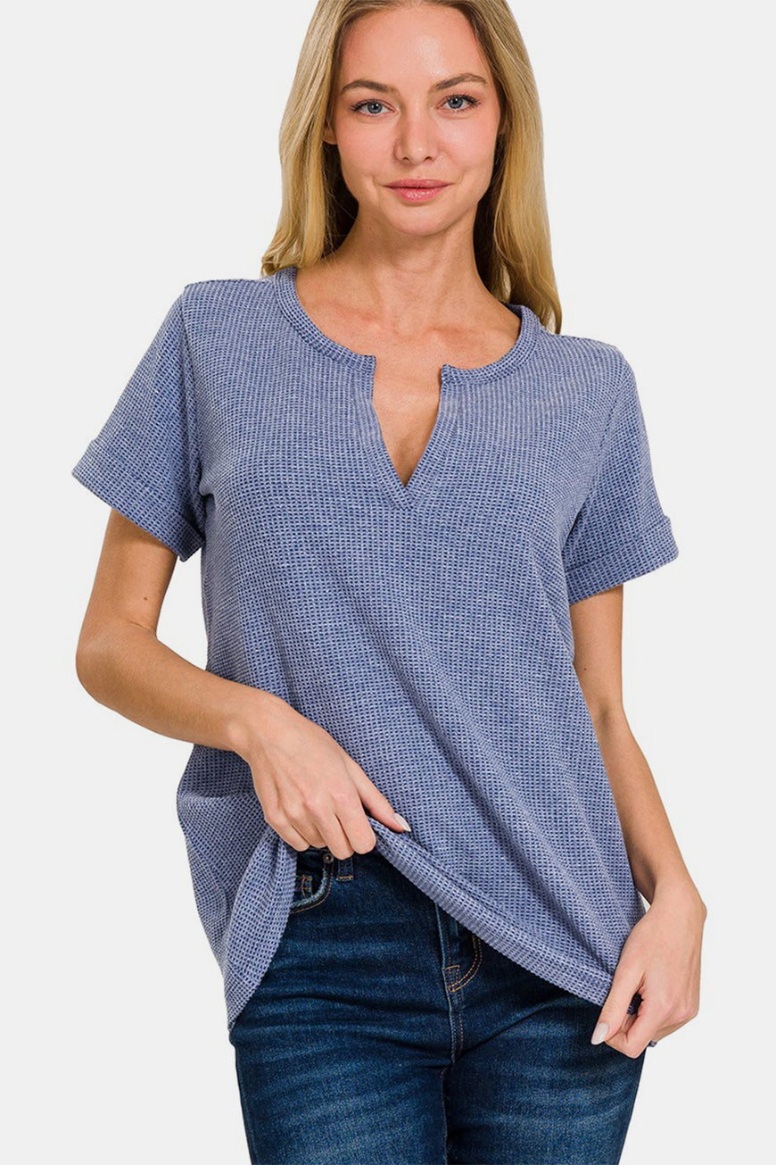 Zenana Notched Short Sleeve Waffle T-Shirt - TopFashionHQ