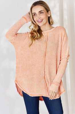 Zenana Oversized Washed Waffle Long Sleeve Top - TopFashionHQ